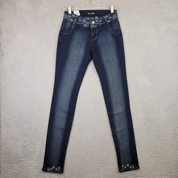Classic Blue Juniors Jeans Size 9 Distressed Embroidered Floral Rhinestone Denim - Picture 1 of 14